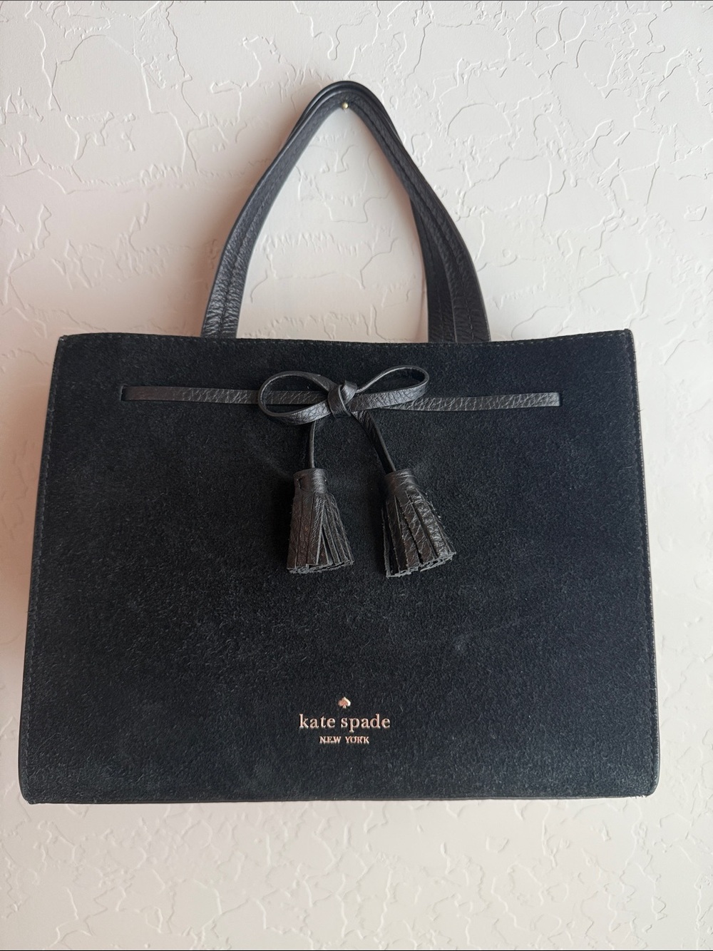 kate spade Hayes Street Isobel Satchel Black Suede with Tassel Bow